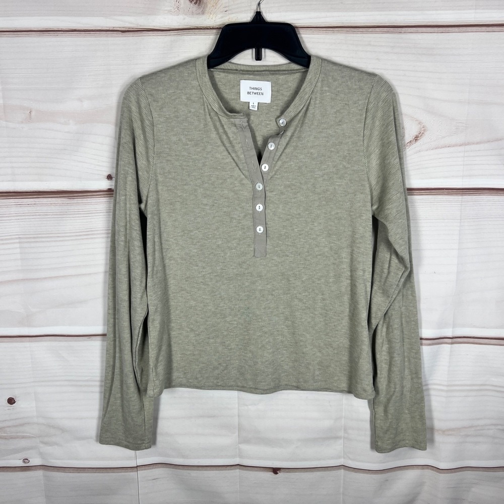 Things Between Top Womens Large Green Rib Knit Henley T-Shirt Solid Long Sleeve‎